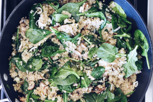 Warm Protein Mushroom Quinoa Bowl with Wilted Spinach Recipe